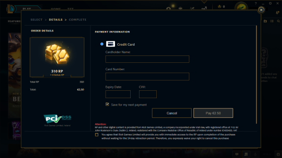 Schermata dell'app client di League of Legends con la schermata di pagamento.