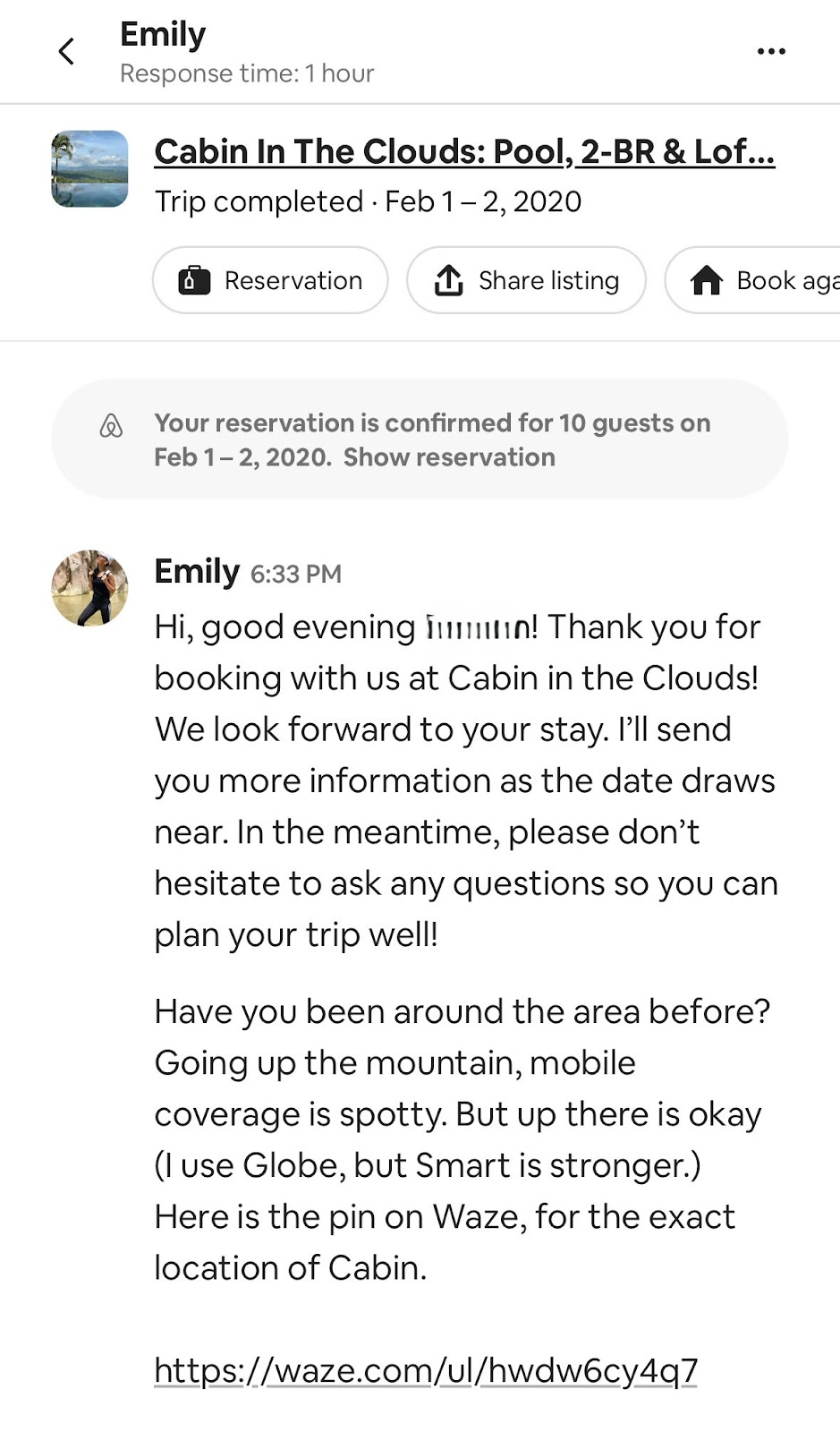 Sample Airbnb host message to guest