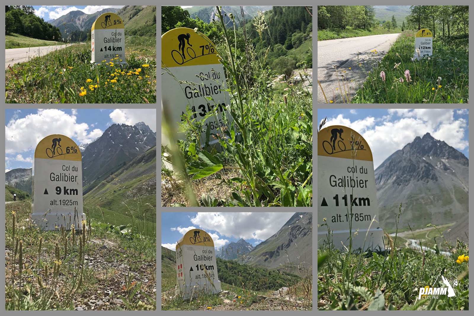 Cycling Col du Galibier from Valloire: photo collage shows various yellow and white KM markers throughout the climb
