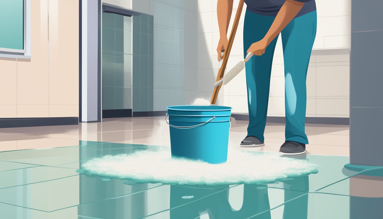 Um balde de água com sabão, um esfregão e uma escova ficam ao lado de um piso de vinil brilhante.Uma pessoa é vista esfregando o chão com uma expressão determinada no rosto