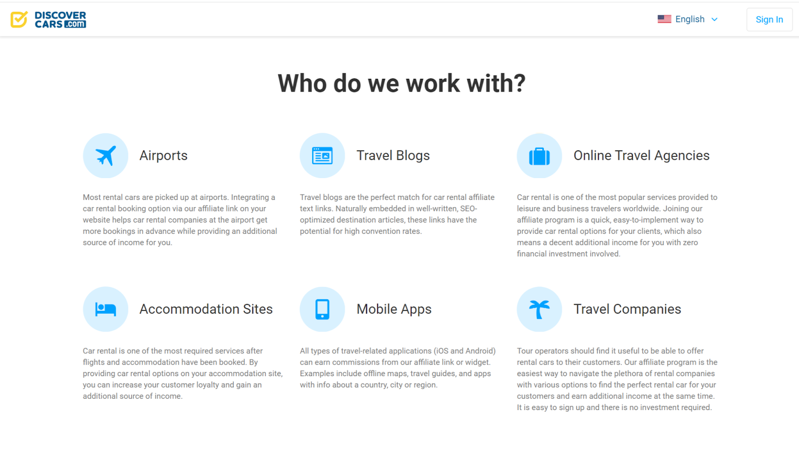 Discover cars page showing who should promote Discover Cars affiliate program  products
