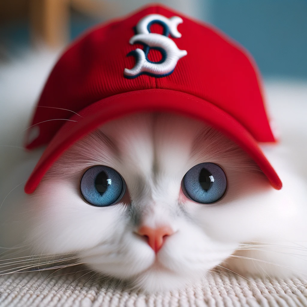 The result of a prompt for DALL-E, an AI based image generator, when asked for a picture of a cat in a Red Sox hat. The logo is wrong, but it is a white cat in a cap.