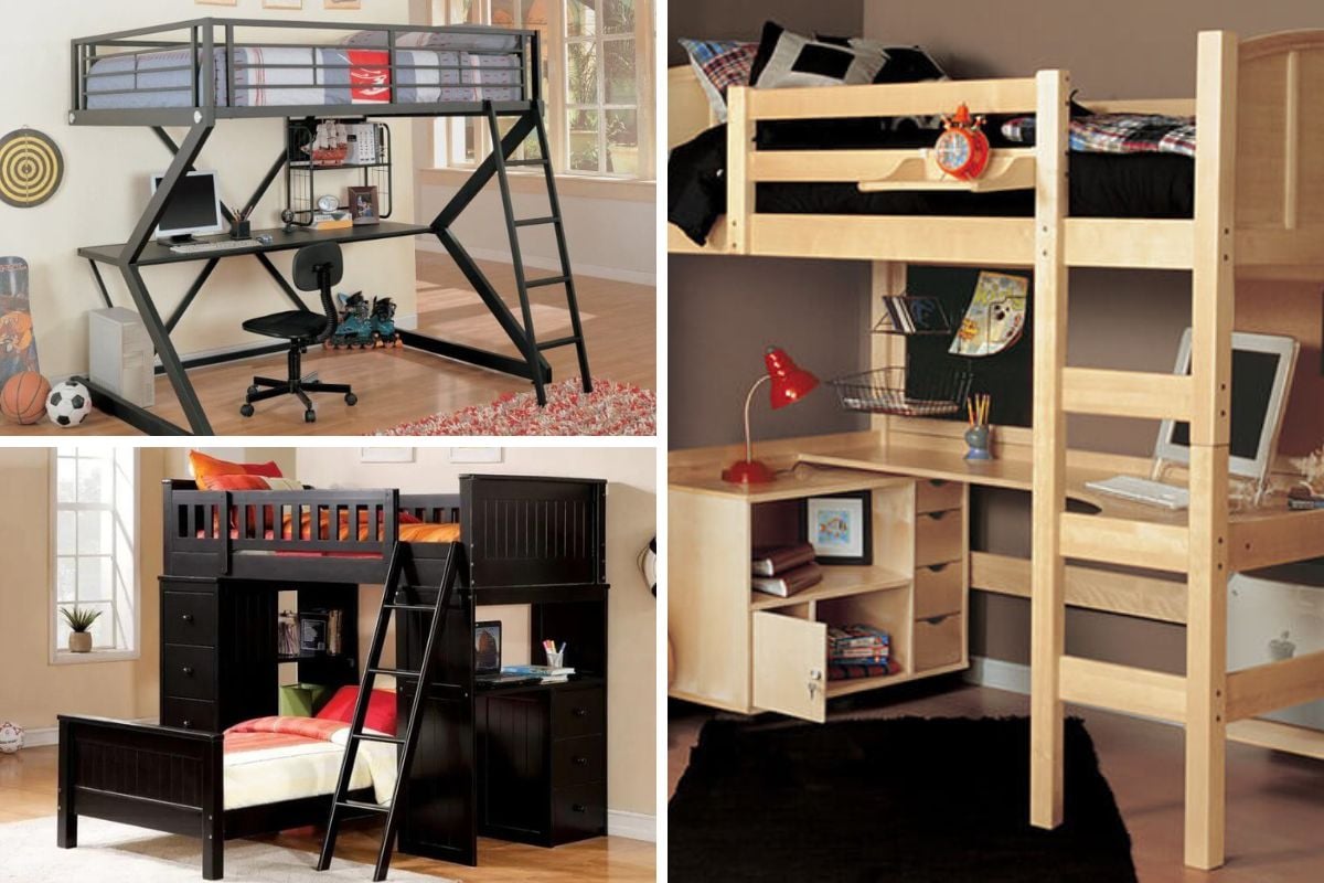 A collage of bunkbeds with desk.