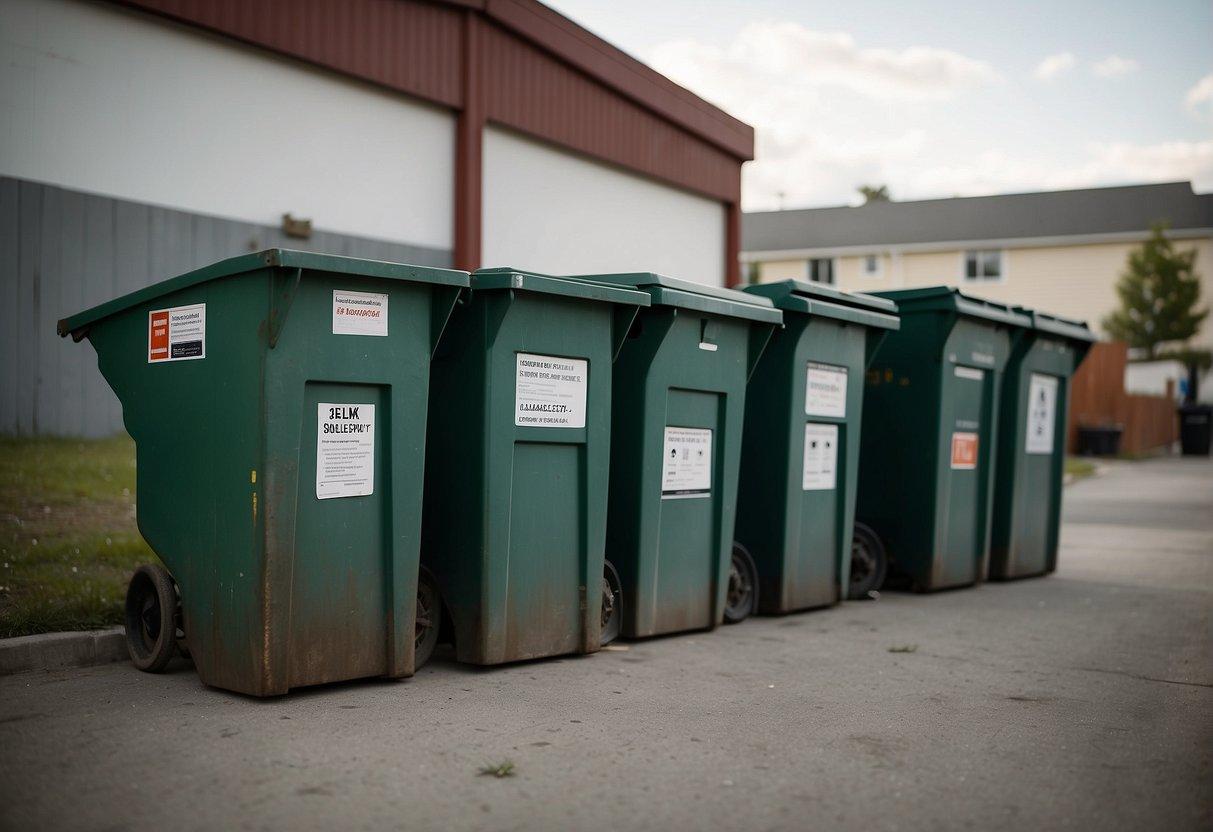 A variety of dumpster sizes lined up, with measurements and capacity labels clearly displayed. A person comparing the sizes, considering the logistics of renting a dumpster