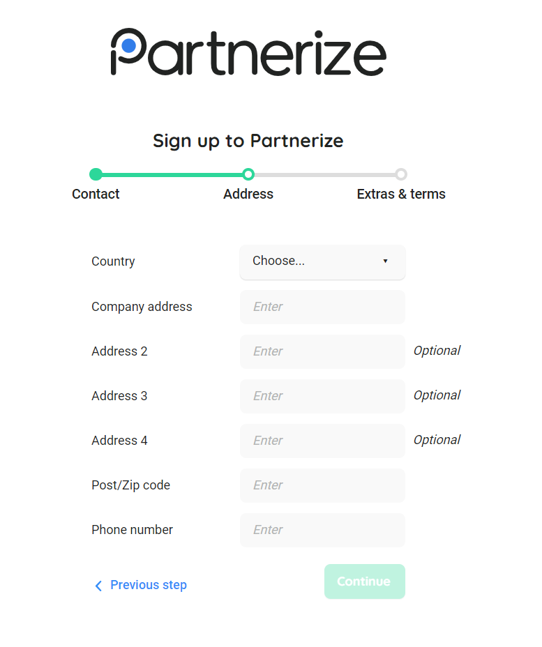 Partnerize affiliate network sign up process:contact information provision page