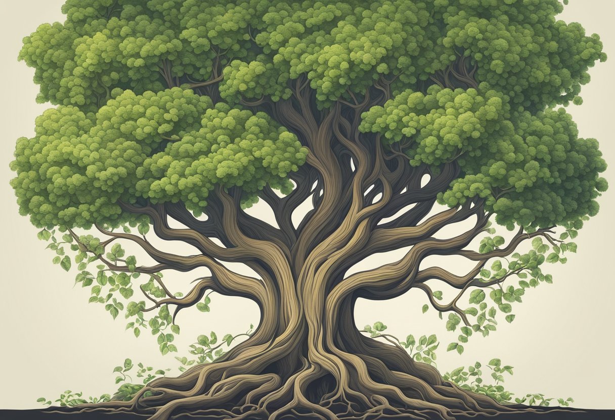 A tree with deep roots and spreading branches, surrounded by interconnected vines and roots, symbolizing the importance of link building for SaaS organic growth