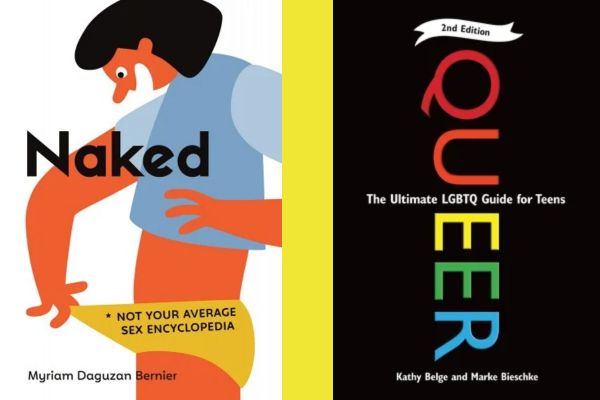 Left side displays book cover of  a cartoon of a gender neutral person looking under their underwear. The right side is a book cover which is simply black with the letters of the word QUEER in rainbow. 