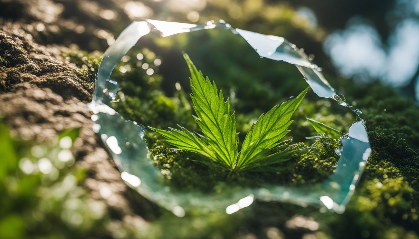 A shattered piece of CBD shatter surrounded by natural greenery.