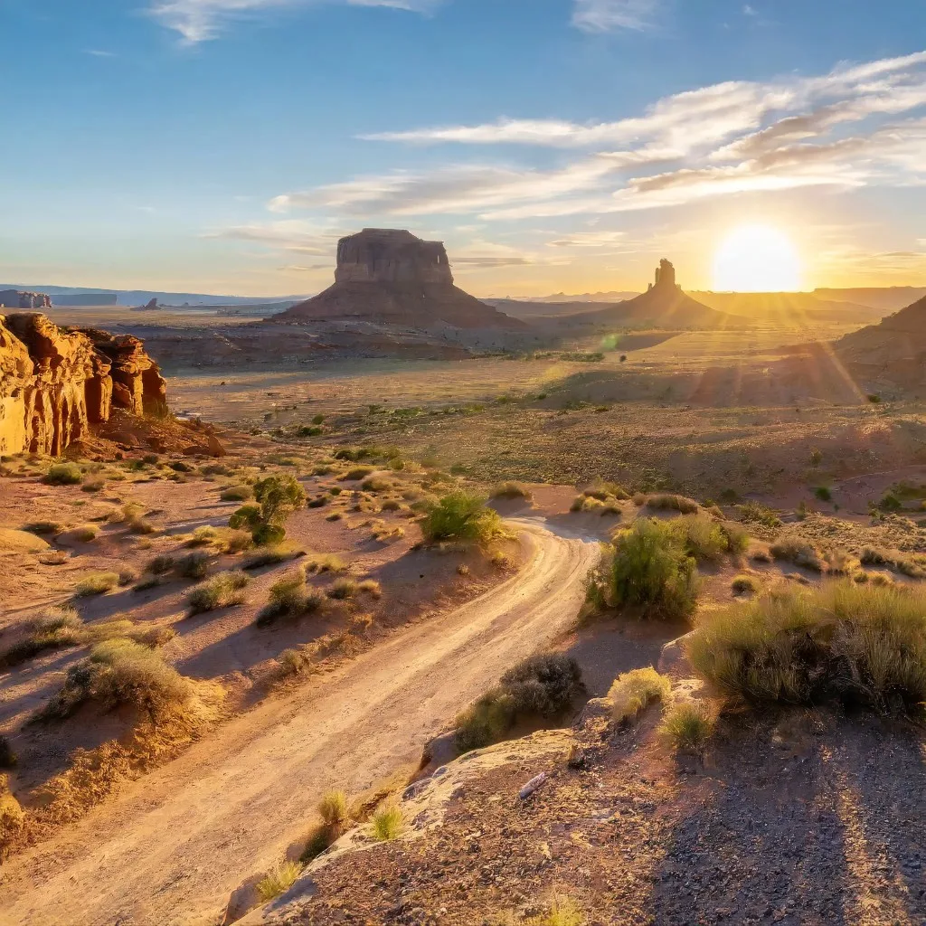 A breathtaking desert landscape during the golden hour, with the setting sun casting a warm, soft light over iconic sandstone buttes and mesas. The vast desert floor is crisscrossed by a dirt road, leading the eye towards the horizon.