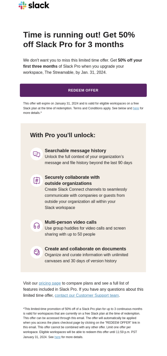 Slack conversion email screenshot for example