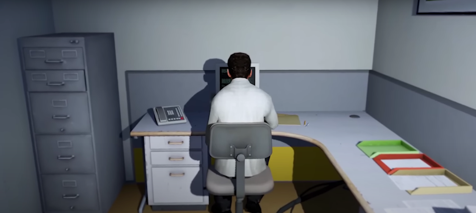 An in game screenshot of the protagonist from The Stanley Parable. 