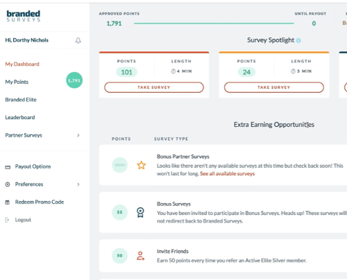 A Branded Surveys review shows a view of the user dashboard experience.
