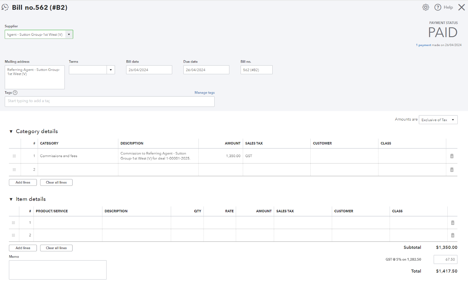 Referral Bill from Referring Brokerage