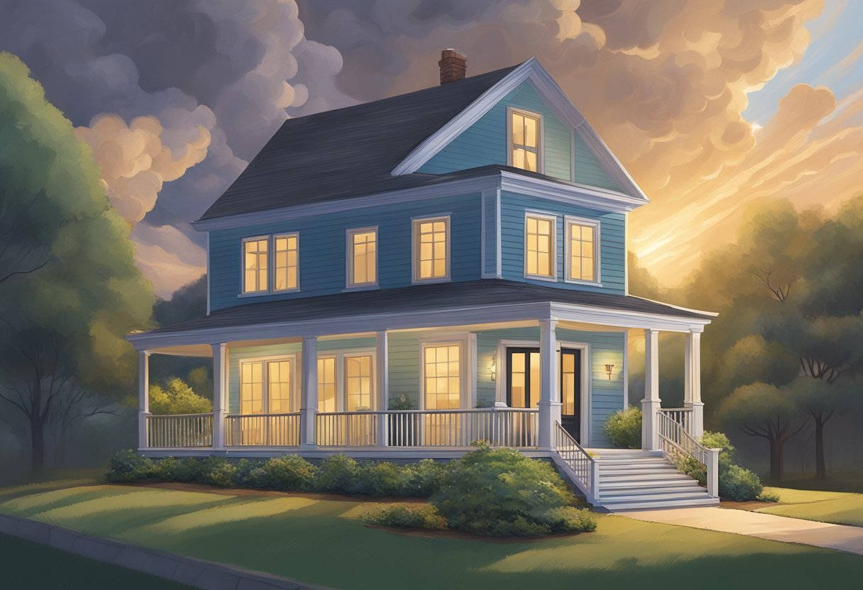 A family home sits peacefully as a storm of foreclosure threats looms overhead. Harmony Home Buyers offers a guiding light, leading the home to safety