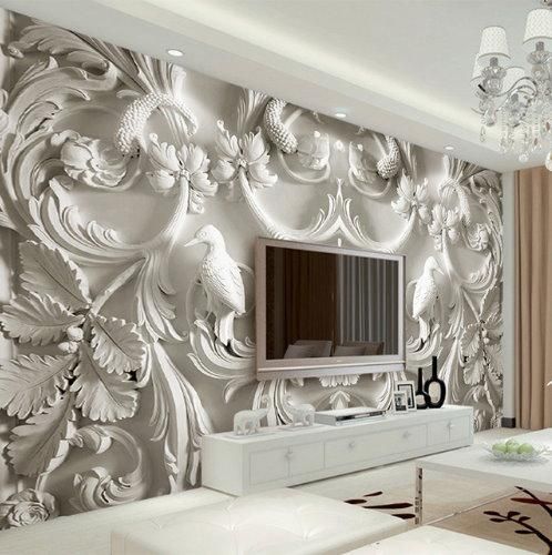 3d relief realistic white birds and leaves wallpaper. Stereoscopic  classical art wall mural for … | Wallpaper living room, Living room  background, Living room paint