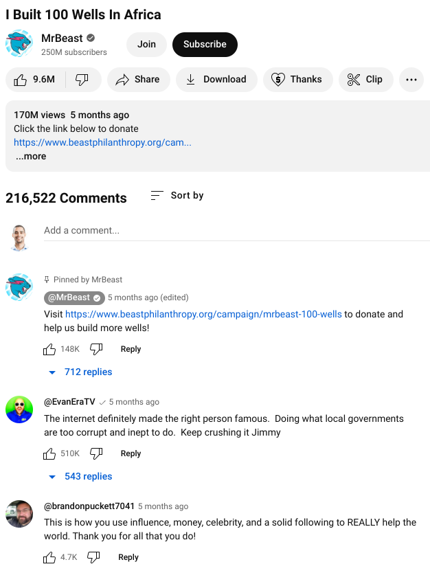 Positive comments on Mr Beast's YouTube video