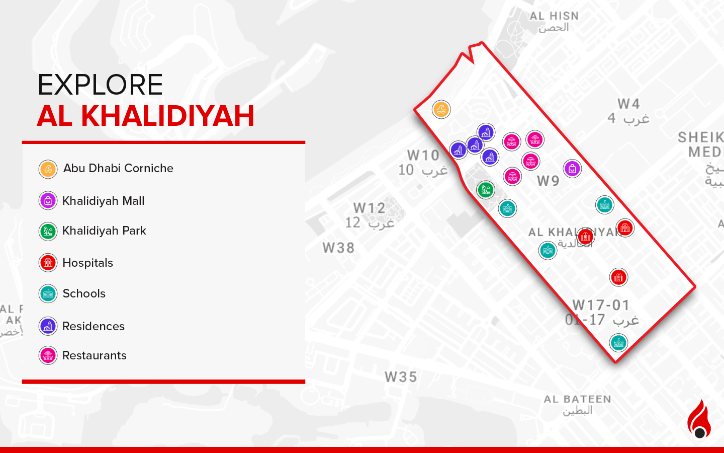 Al Khalidiyah map in Abu Dhabi and bird's eye view of landmarks