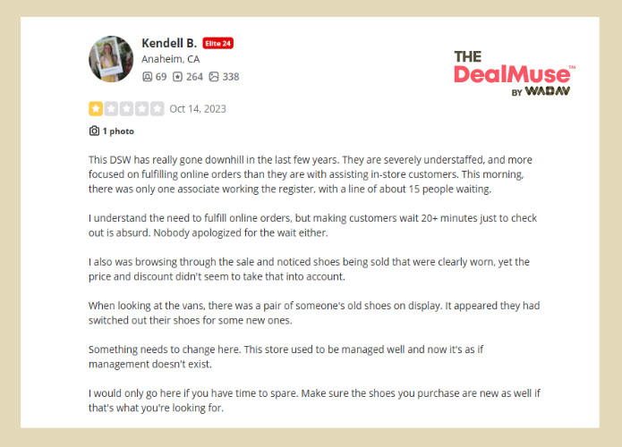 a screenshot of of a DSW customer named Kendell B. at Yelp on Oct 14, 2023, showing her disappointment about the DSW customer service since she had to wait so long and the shoes were worn, also the price was high and no discount was applied. 