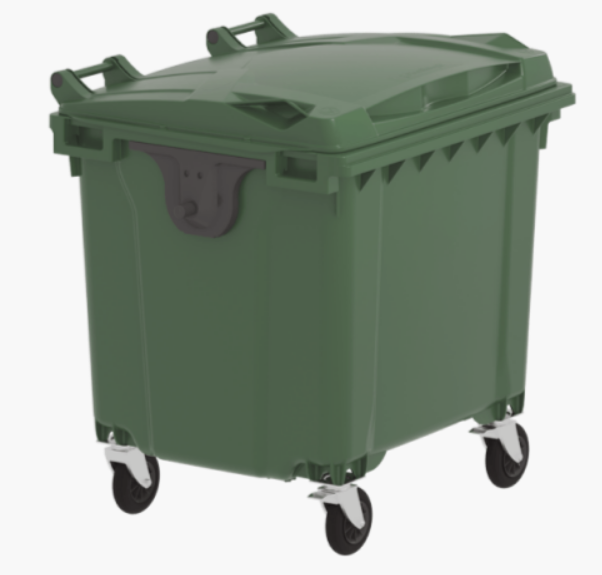 contenedor de basura verde de cuatro ruedas con tapa