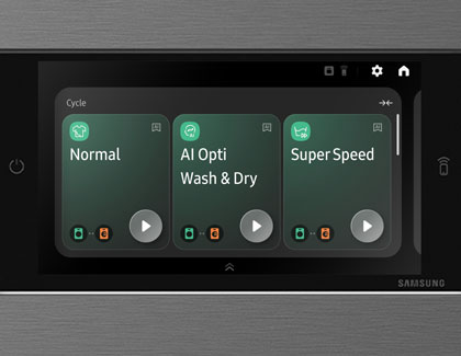 The control panel  of a Samsung Bespoke AI Laundry Combo unit displaying washer and dryer modes.
