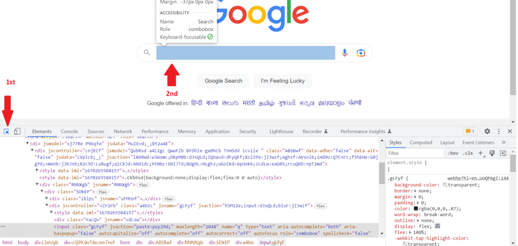 Chrome Dev Tools Inspecting Element