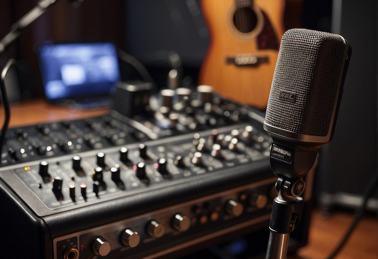 A condenser microphone positioned in front of a guitar amplifier, with a pop filter and shock mount attached. A mixing board and digital audio workstation are visible in the background