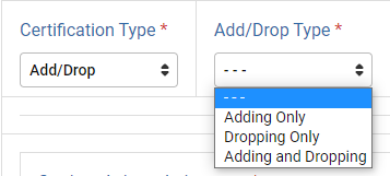 Screenshot of the Add/Drop Certification Type