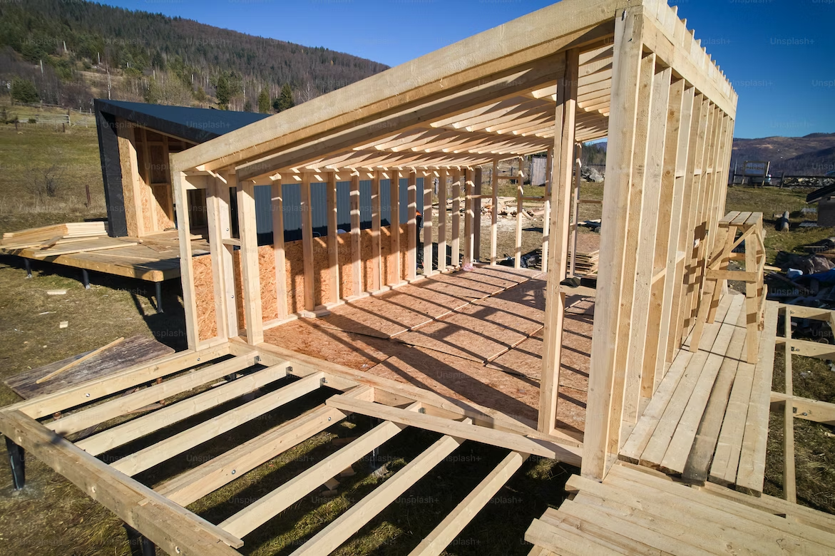 a frame being built on a wood foundation