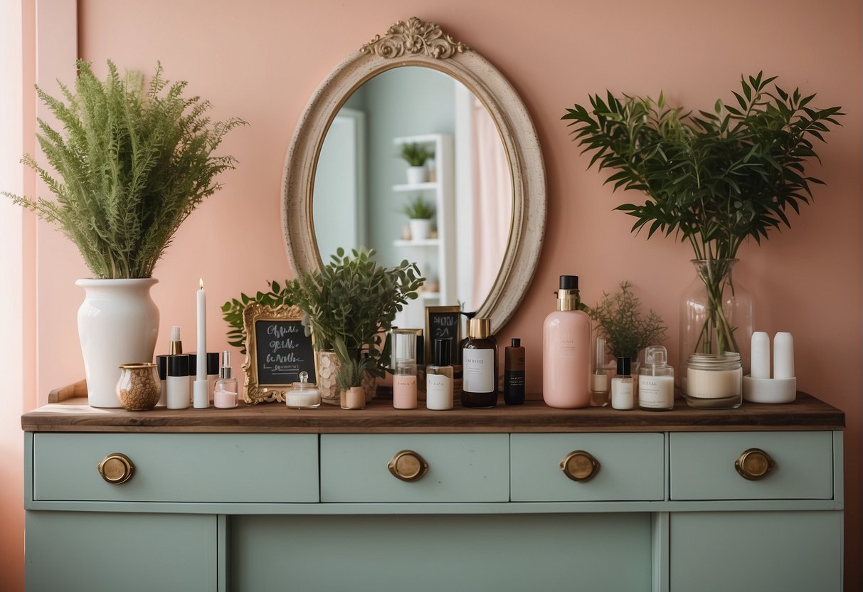 A cozy salon with pastel walls, hanging plants, and a vintage mirror. A chalkboard menu displays affordable beauty services