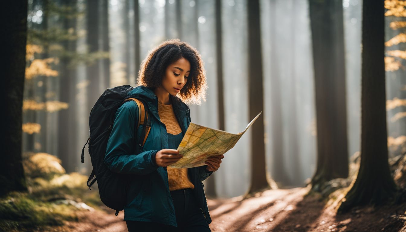 A person explores a forest with a map in hand.