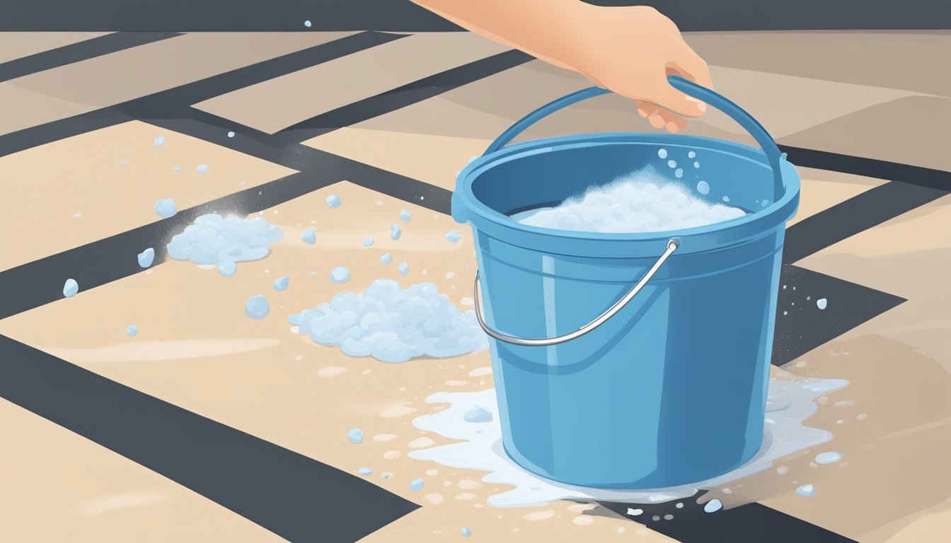Een emmer zeepwater morst op een vinylvloer en veroorzaakt een gladde puinhoop.Een persoon gebruikt een ruwe schrobborstel, waardoor er krassen op het oppervlak achterblijven