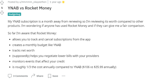 A Reddit post asking for help comparing YNAB and Rocket Money. 