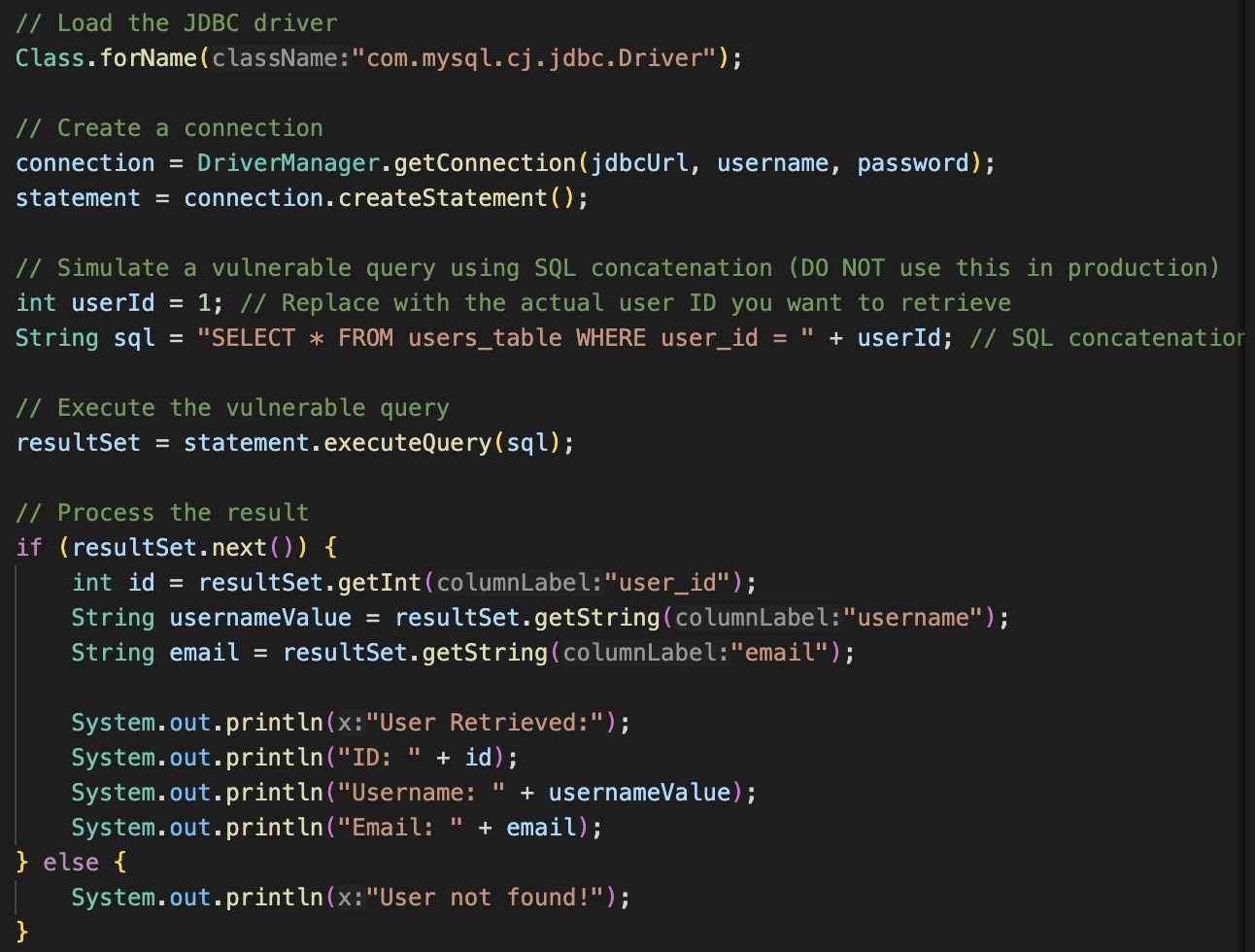 Código java com vulnerabilidades de SQL Injection