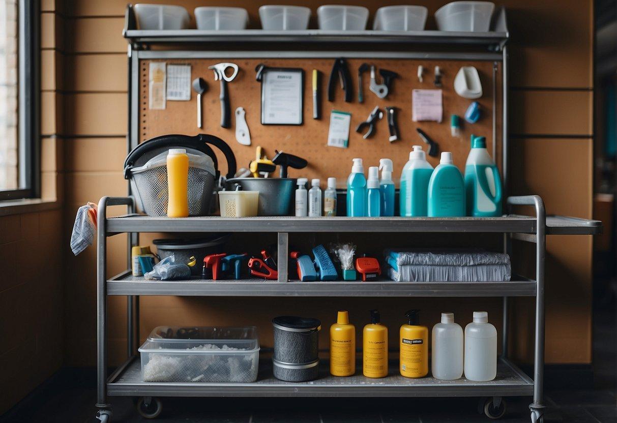A well-stocked maintenance cart with tools, cleaning supplies, and replacement parts. A checklist of essential maintenance tasks on a bulletin board