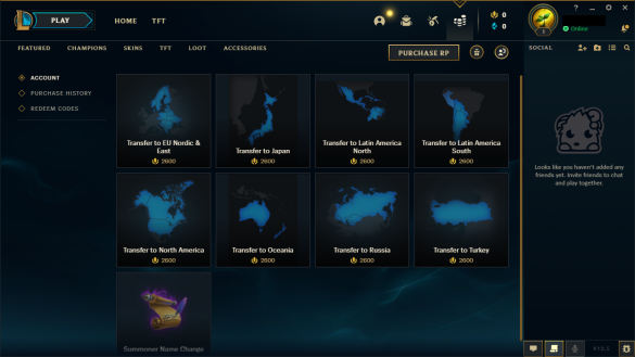 Schermata dell'app client di League of Legends con il selettore di regioni aperto