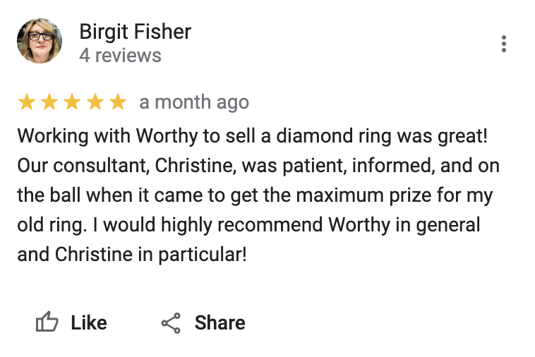 Screenshot of a positive Worthy review, praising the customer service process