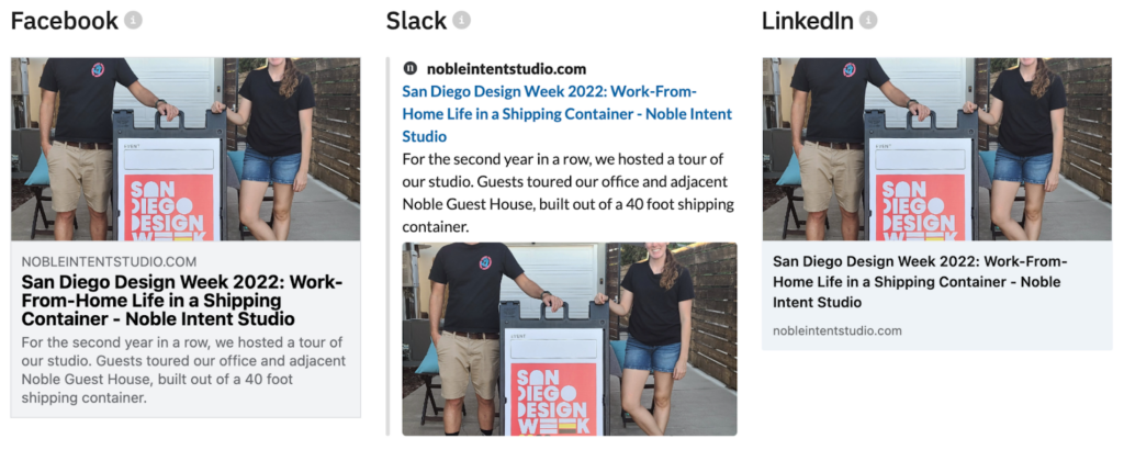Screenshot of Facebook, Slack, and LinkedIn social previews showing poorly cropped image.