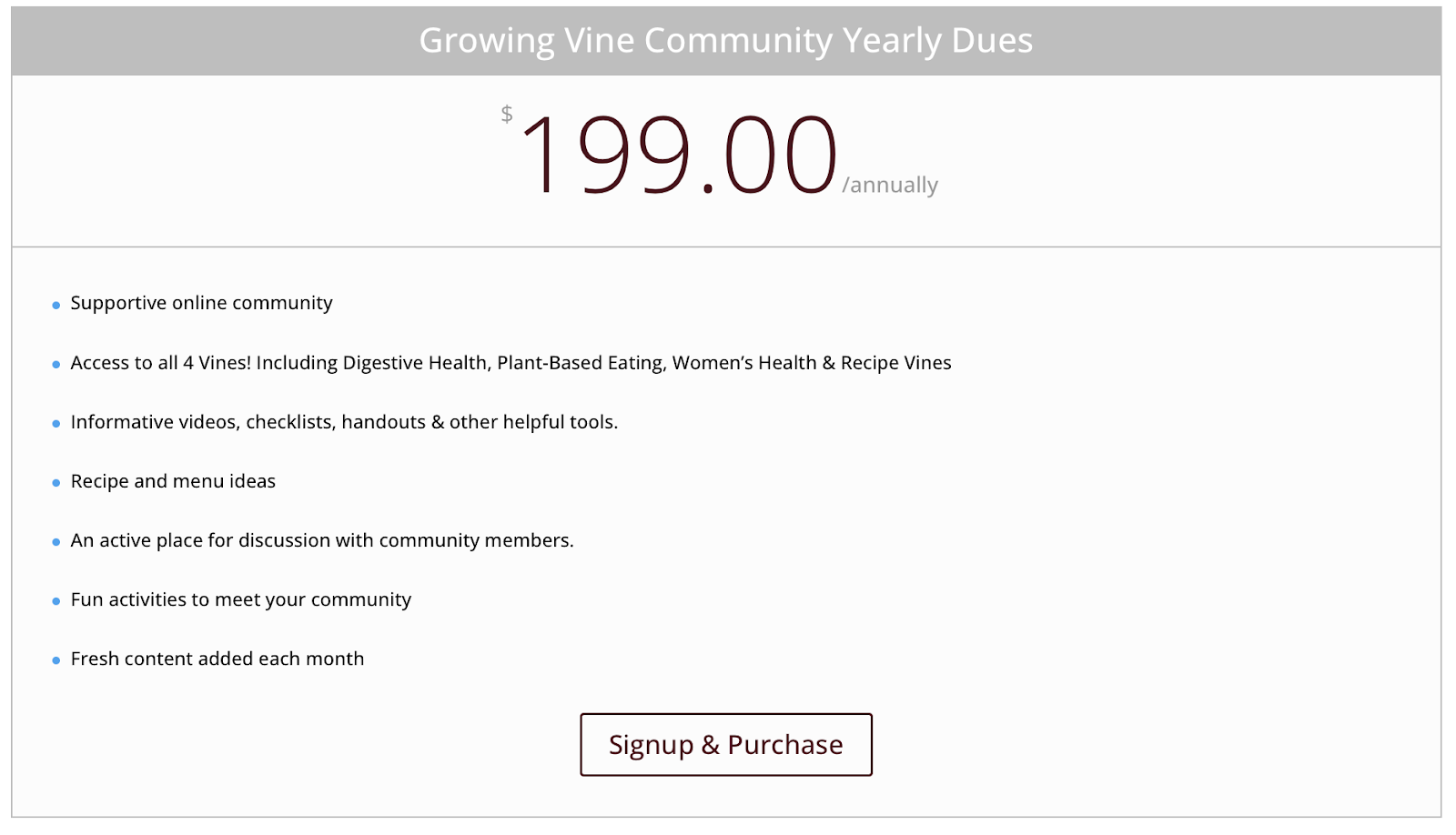 growing vine community yearly dues with benefits and signup button 