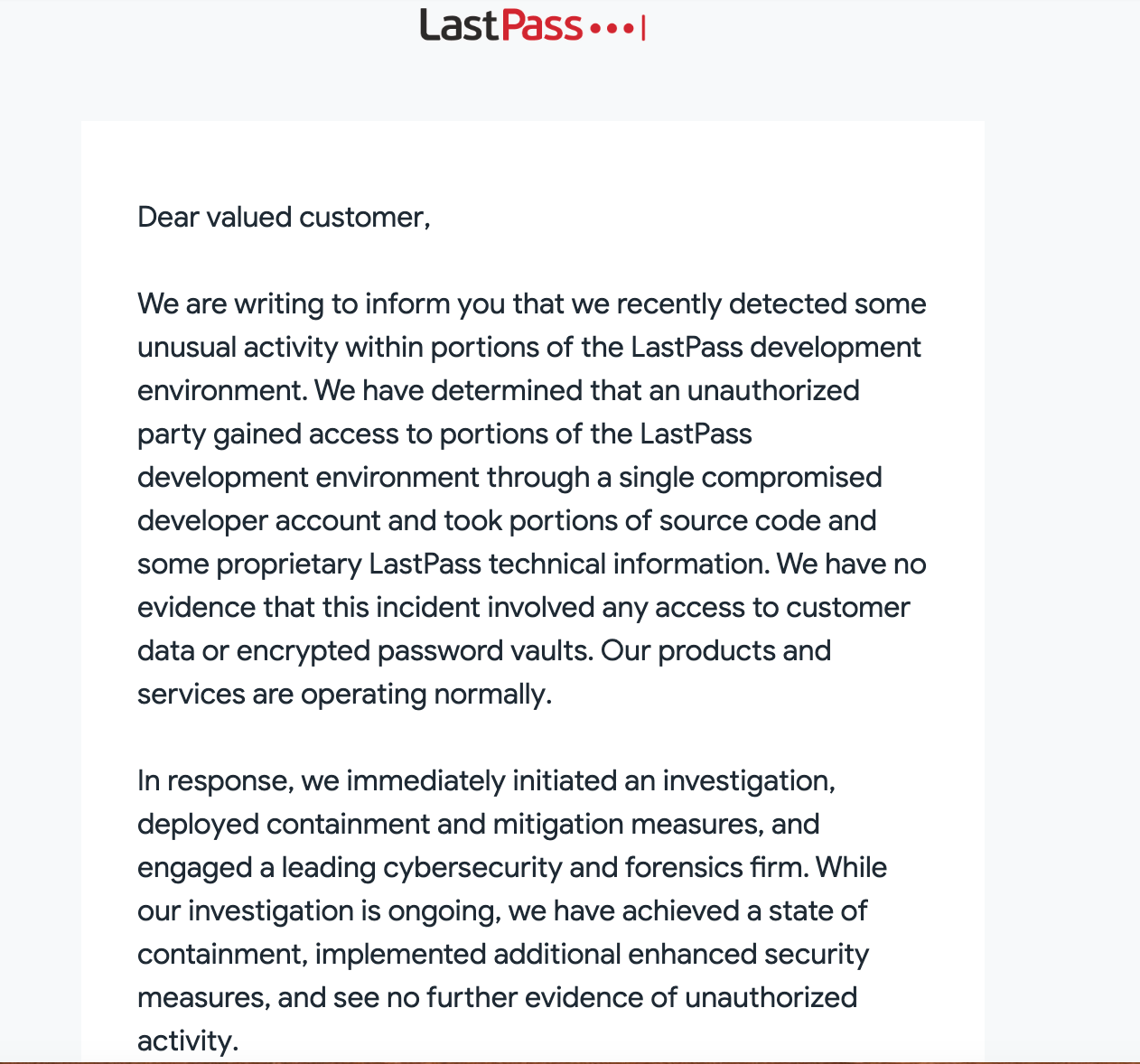 screenshot of LastPass email to customers regarding data breach
