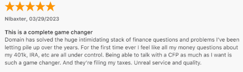 A five-star Domain Money review from someone who loves being able to talk directly to a Certified Financial Planner. 