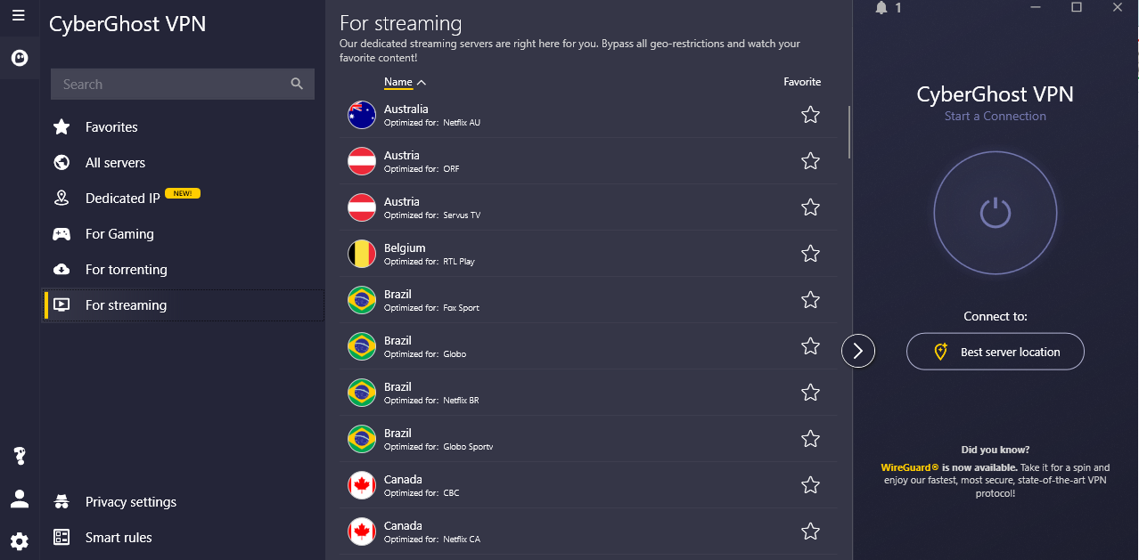 Screenshot from CyberGhost VPN Windows app