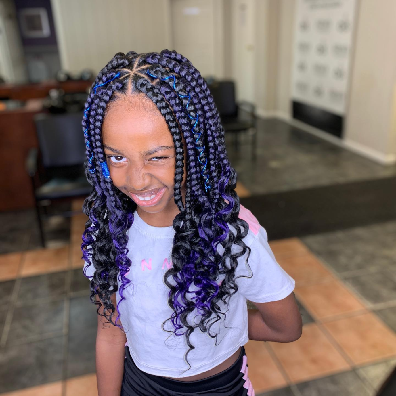 Kids Purple Box Braids With Curls