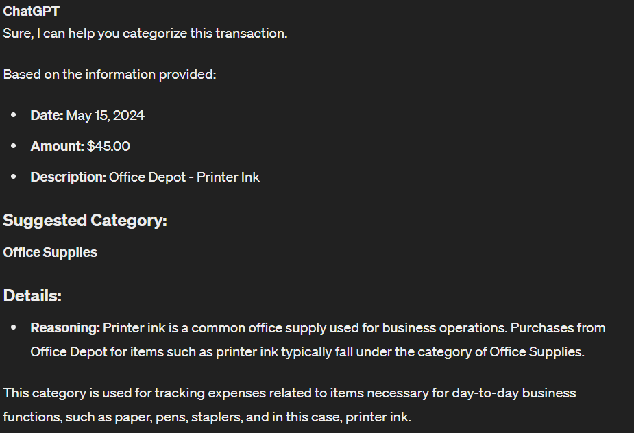 ChatGPT helping categorize transactions