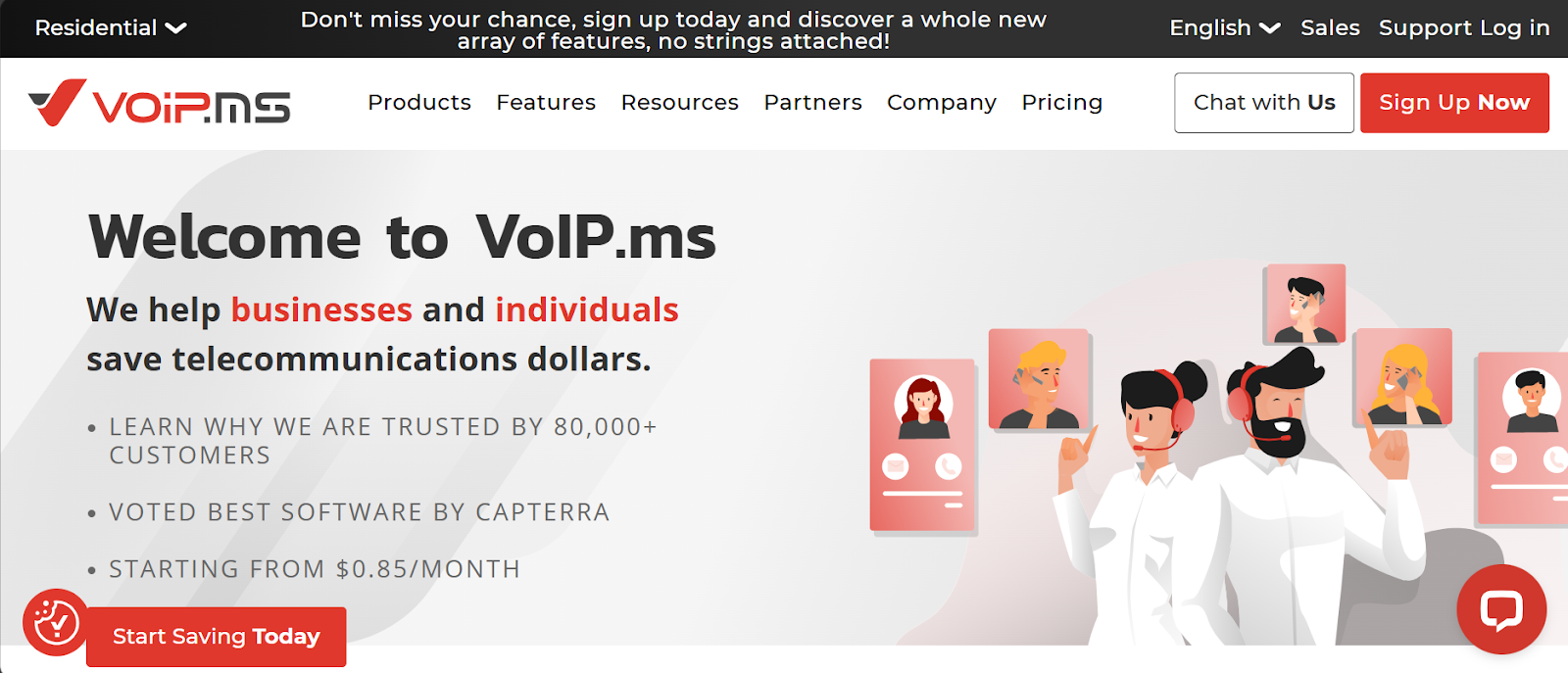 VoIP.ms website snapshot highlighting the services it offers.