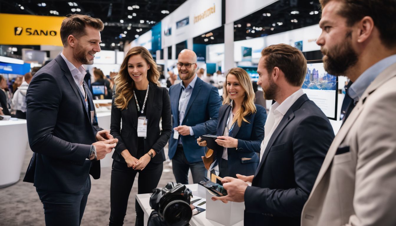 A diverse team of professionals strategizing at a trade show booth.