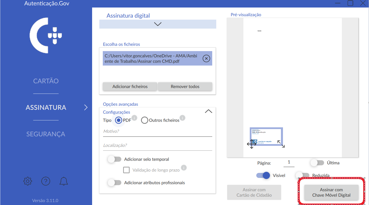 Clique em “Assinar com Chave Móvel Digital”