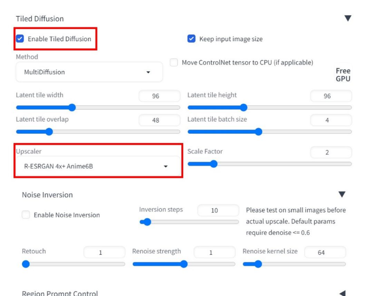 「Enable Tired DSiffusion」をチェックし、「Upscaler」を設定する画面