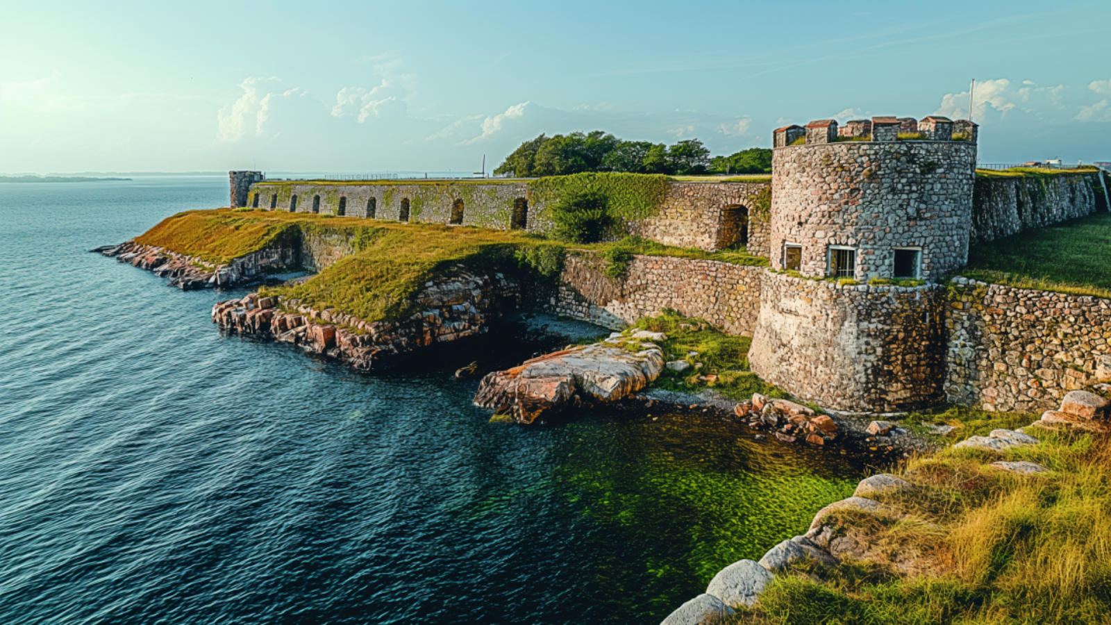 Sunny view of the historic Suomenlinna Sea Fortress in Helsinki.