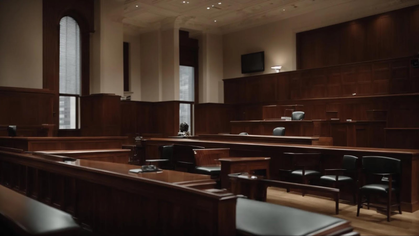 a courtroom in chicago with a judge's bench, plaintiff, and defendant's tables, emphasizing the legal atmosphere of seeking compensation from uber.