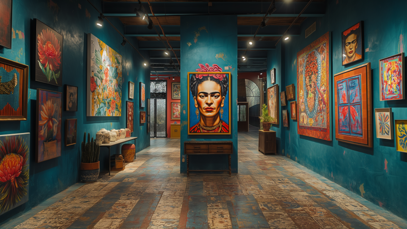 Inside the Frida Kahlo Museum with colorful artworks